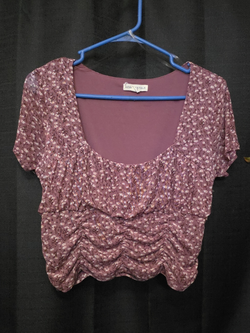 Aeropostle SZ LG Mauve Floral Ruched Scoop Crop Top Sheet Sleeves